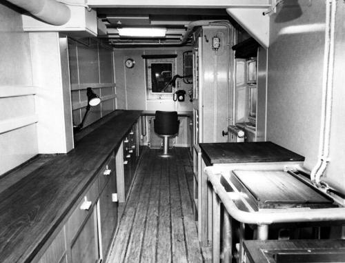 Black and white photograph showing interior of  the Discovery