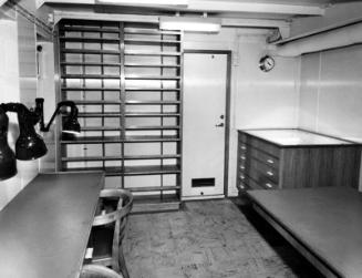 Black and white photograph showing interior of  the Discovery