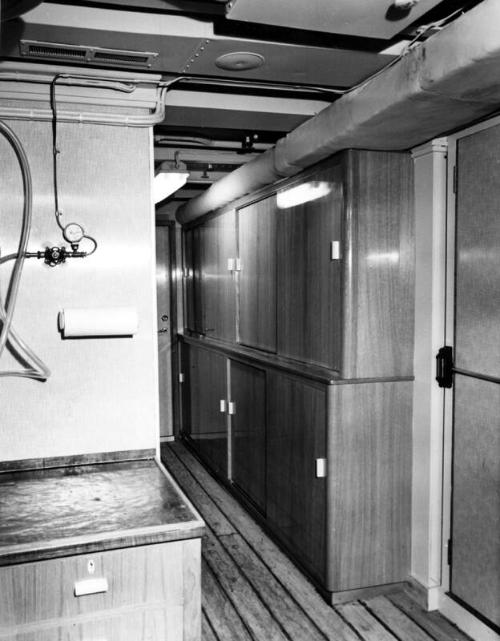 Black and white photograph showing interior of  the Discovery