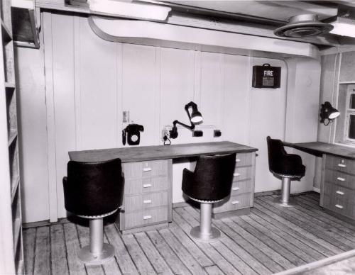 Black and white photograph showing interior of  the Discovery