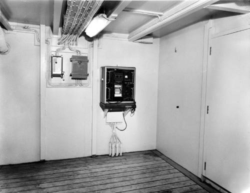 Black and white photograph showing interior of  the Discovery