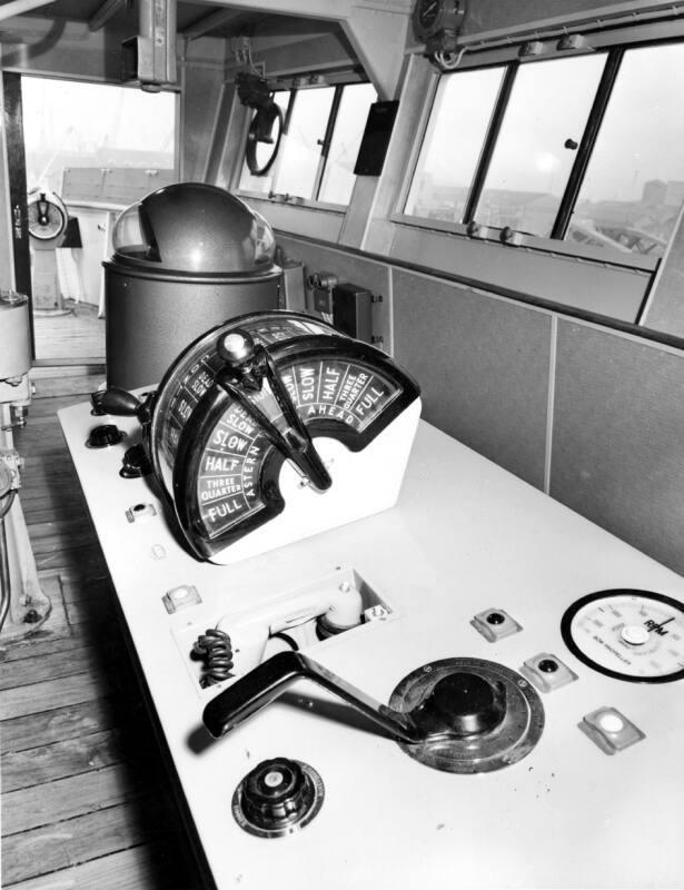 Black and white photograph showing interior of  the Discovery