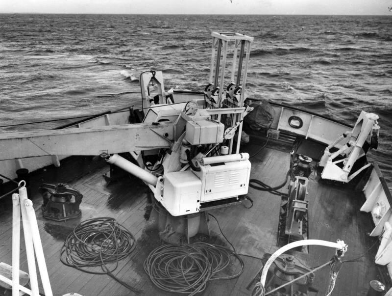 Black and white photograph showing interior of  the Discovery