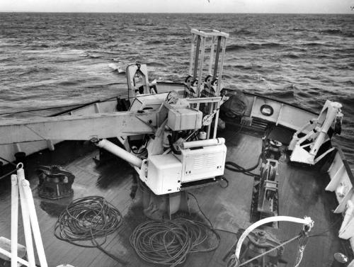 Black and white photograph showing interior of  the Discovery