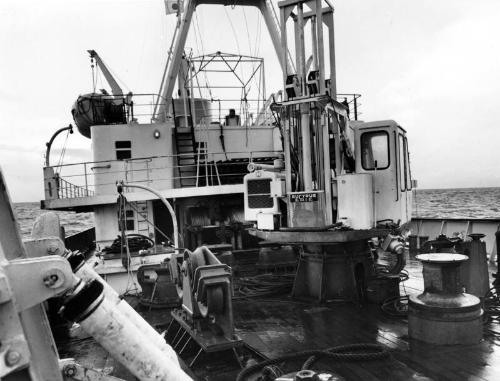 Black and white photograph showing interior of  the Discovery