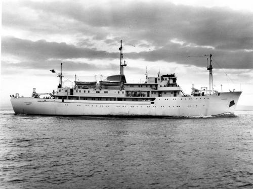Black and white photograph showing starboard side of  the Discovery
