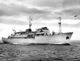 Black and white photograph showing starboard side of  the Discovery