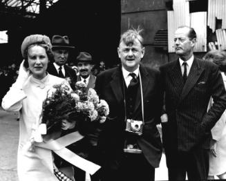 Black and white photograph showing launch party for FRV Discovery