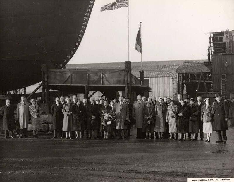 Black and white showing Launch of Motor Molasses Carrier 'Rona' at Hall Russell in 1957