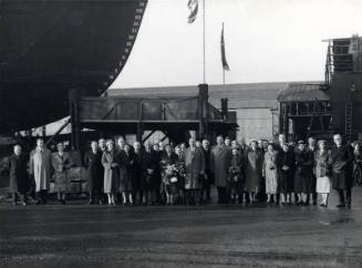 Black and white showing Launch of Motor Molasses Carrier 'Rona' at Hall Russell in 1957