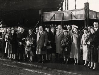 Black and white showing Launch of Motor Molasses Carrier 'Rona' at Hall Russell in 1957