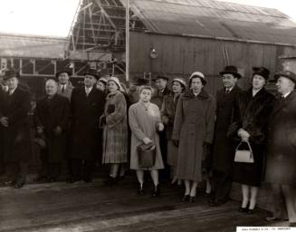 Black and white showing Launch of Motor Molasses Carrier 'Rona' at Hall Russell in 1957