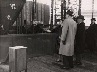 Black and white showing Launch of Motor Molasses Carrier 'Rona' at Hall Russell in 1957