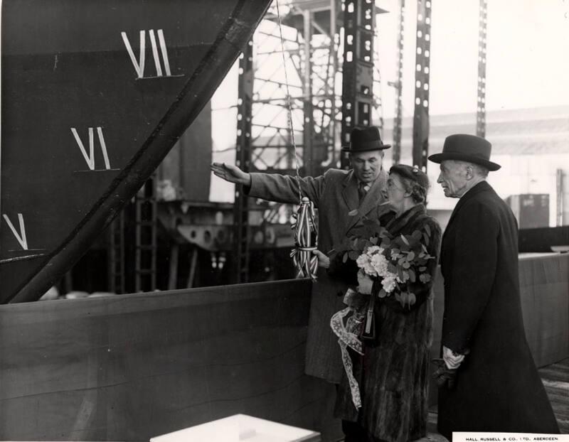 Black and white showing Launch of Motor Molasses Carrier 'Rona' at Hall Russell in 1957