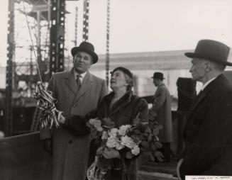 Black and white showing Launch of Motor Molasses Carrier 'Rona' at Hall Russell in 1957