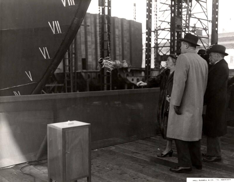 Black and white showing Launch of Motor Molasses Carrier 'Rona' at Hall Russell in 1957