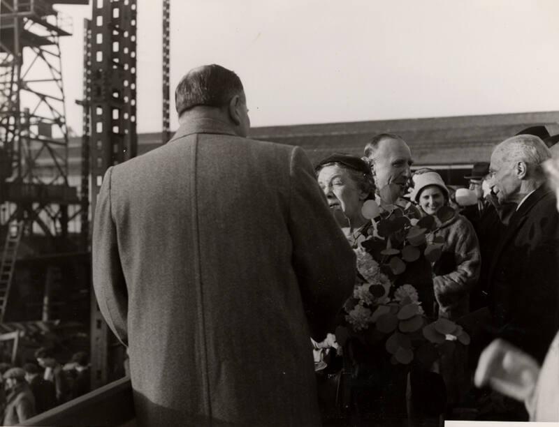 Black and white showing Launch of Motor Molasses Carrier 'Rona' at Hall Russell in 1957