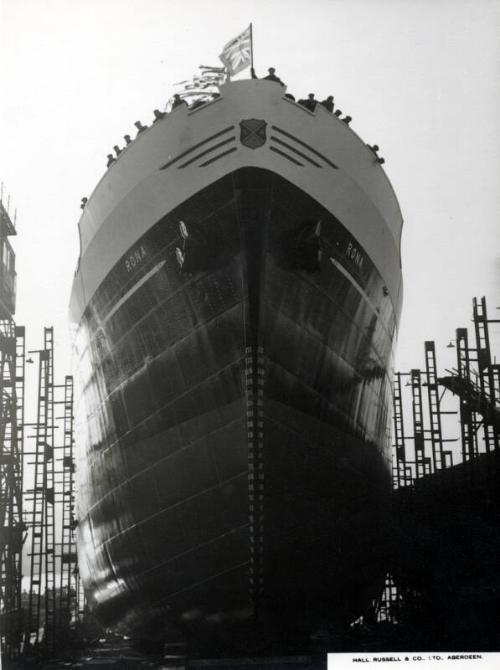 Black and white showing Launch of Motor Molasses Carrier 'Rona' at Hall Russell in 1957