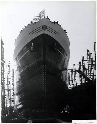 Black and white showing Launch of Motor Molasses Carrier 'Rona' at Hall Russell in 1957