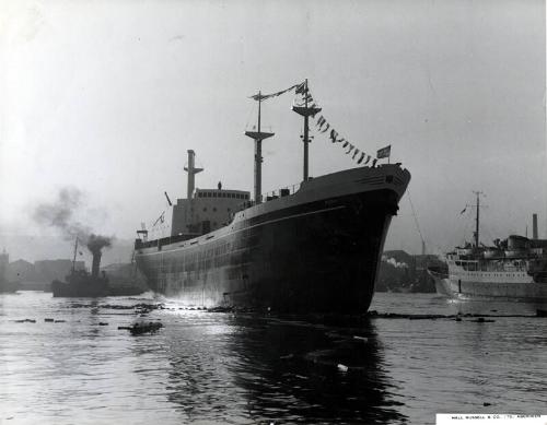 Black and white showing Launch of Motor Molasses Carrier 'Rona' at Hall Russell in 1957