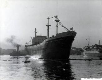 Black and white showing Launch of Motor Molasses Carrier 'Rona' at Hall Russell in 1957