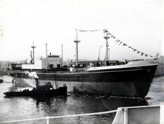 Black and white showing Launch of Motor Molasses Carrier 'Rona' at Hall Russell in 1957