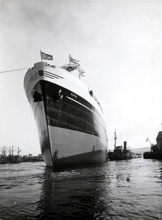 Black and white showing Launch of Motor Molasses Carrier 'Rona' at Hall Russell in 1957