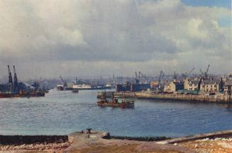 Colour postcard showing aberdeen harbour with St Magnus (IV) ex  St Clair at lerwick berth