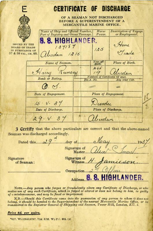 Certificate of Discharge for Harry Alexander Rumsey