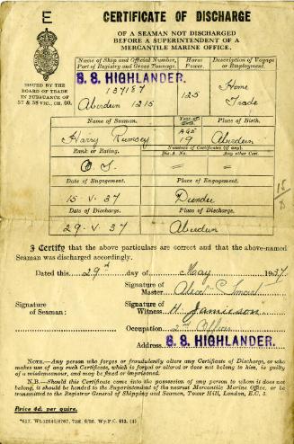 Certificate of Discharge for Harry Alexander Rumsey