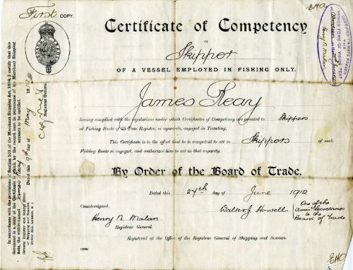 Certificate of competency as the skipper of a fishing vessel for James Reay