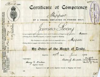 Certificate of competency as the skipper of a fishing vessel for James Reay