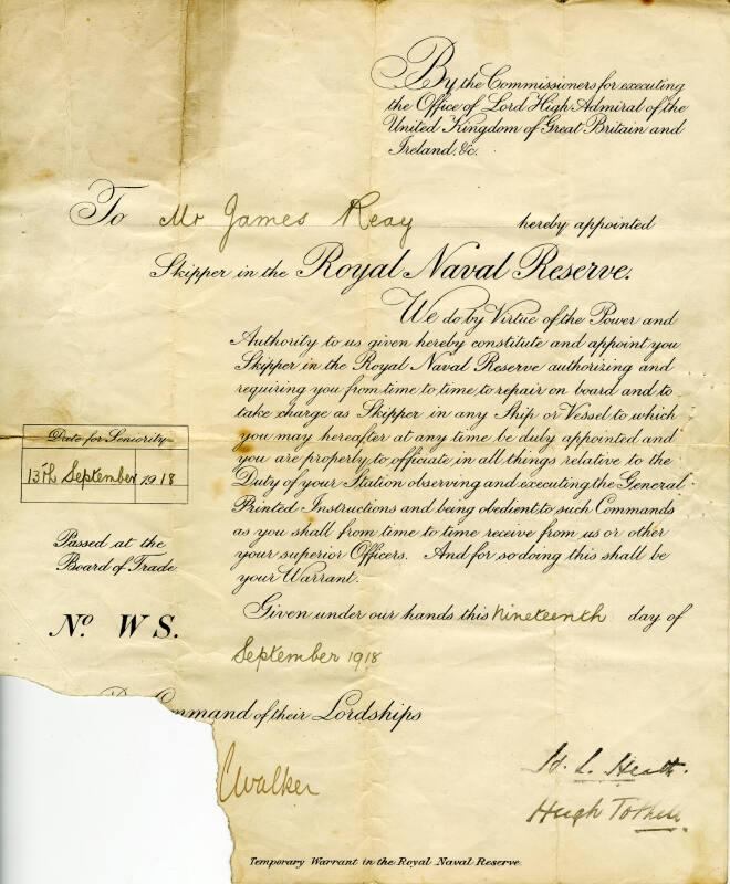 Certificate for James Reay as a skipper in the Royal Naval Reserve