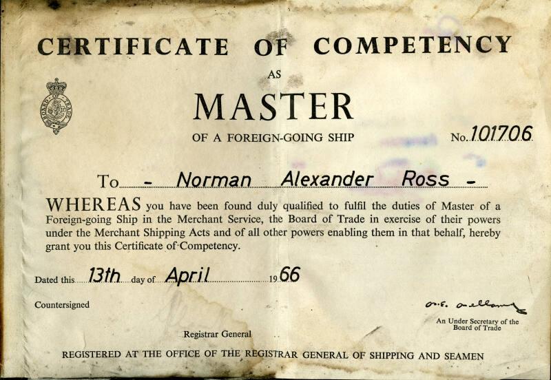 Captain Norman Ross certificate of competency as master of a foreign going ship