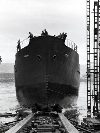 Black and white photograph showing launch of 'spray'