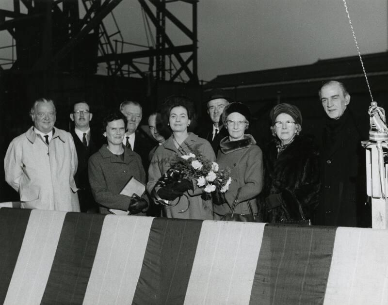 Launch of Dublin (944) Group of Guests Beside Christening Champagne