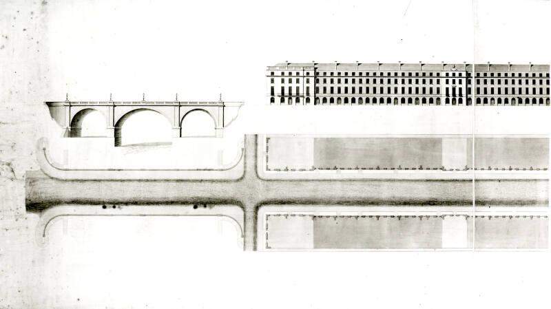Proposed design for Union Bridge with neo-classical, arcaded terrace running east, part length …