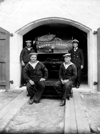 Four members of the Coastguard in from of Board of Trade Carriage, possibly Stoneyards, Aberdee…