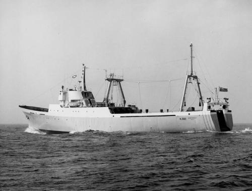 Black and white photograph of the Stern Trawler Northella, port side view