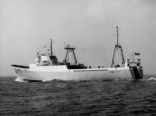 Black and white photograph of the Stern Trawler Northella, port side view