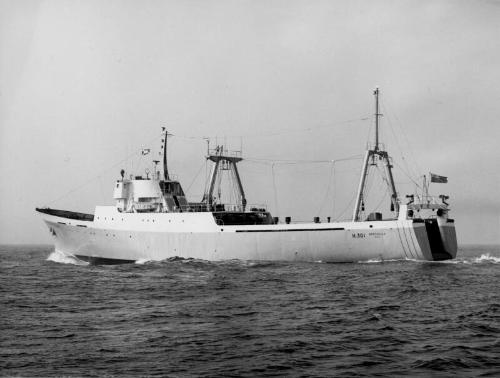 Black and white photograph of the Stern Trawler Northella, port side view