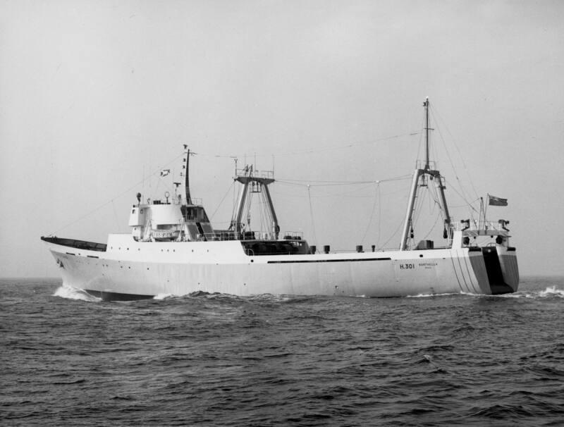 Black and white photograph of the Stern Trawler Northella, port side view