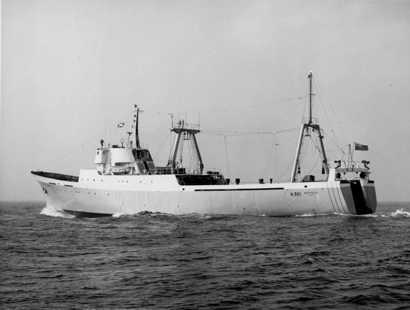 Black and white photograph of the Stern Trawler Northella, port side view