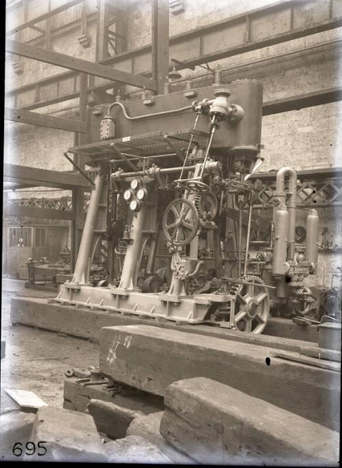 Glass negative of steam engines at Hall Russell's shipyard circa 1928 - 1929