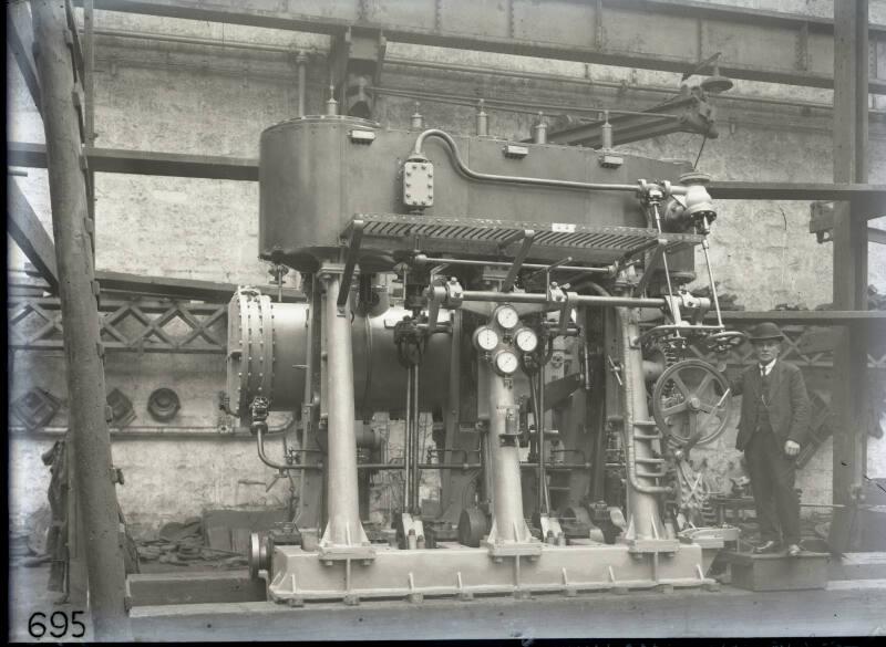 Glass negative of steam engines at Hall Russell's shipyard circa 1928 - 1929