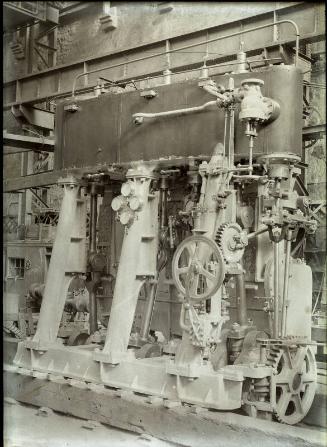 Glass negative showing steam engines being constructed at Hall Russell's shipyard circa 1929