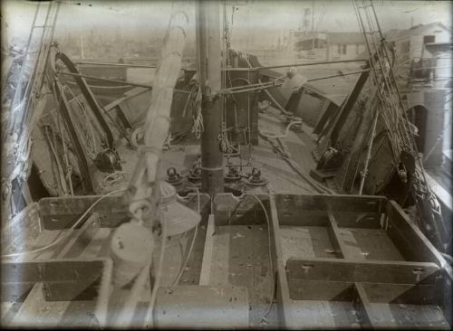 Glass negative showing steam engines being constructed at Hall Russell's shipyard circa 1929