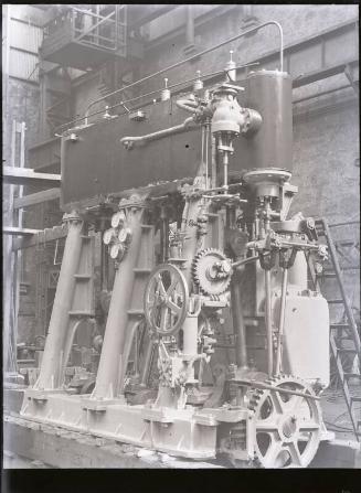 Glass negative showing steam engines being constructed at Hall Russell's shipyard circa 1929