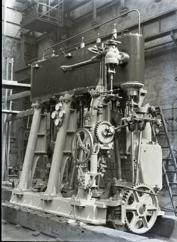 Glass negative showing steam engines being constructed at Hall Russell's shipyard circa 1929