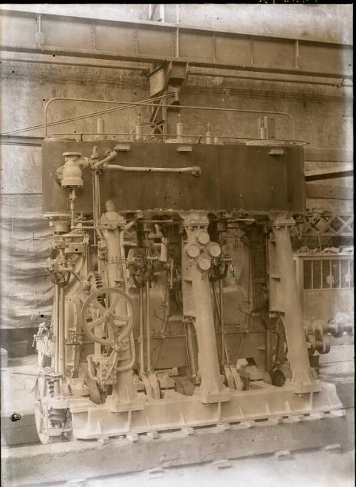 Glass negative showing steam engines being constructed at Hall Russell's shipyard circa 1929